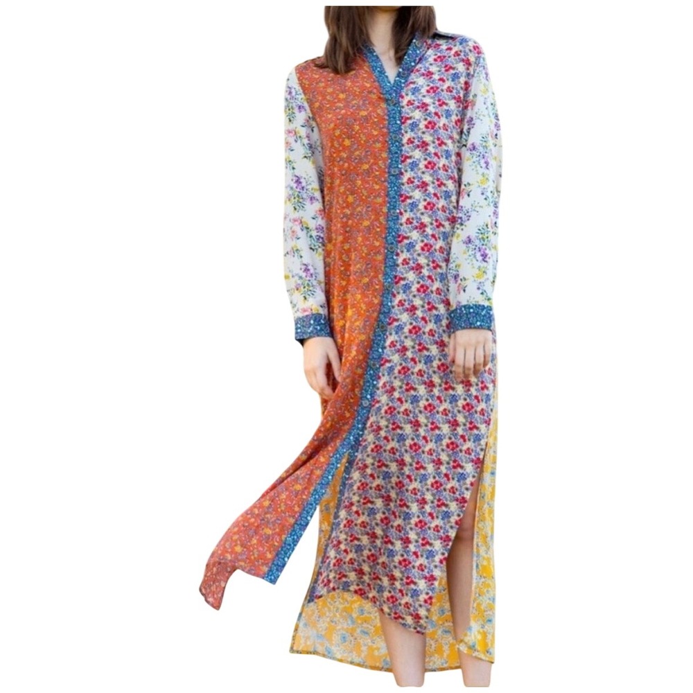 Natural Life Esme Patchwork Maxi Shirt Dress Large Long Button Front Duster Boho